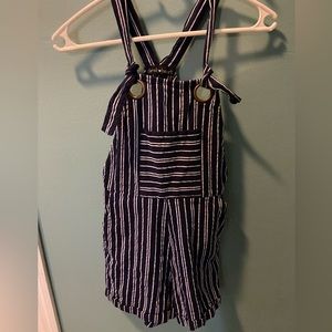 Derek‎ Heart Romper, blue & white stripe, size small.